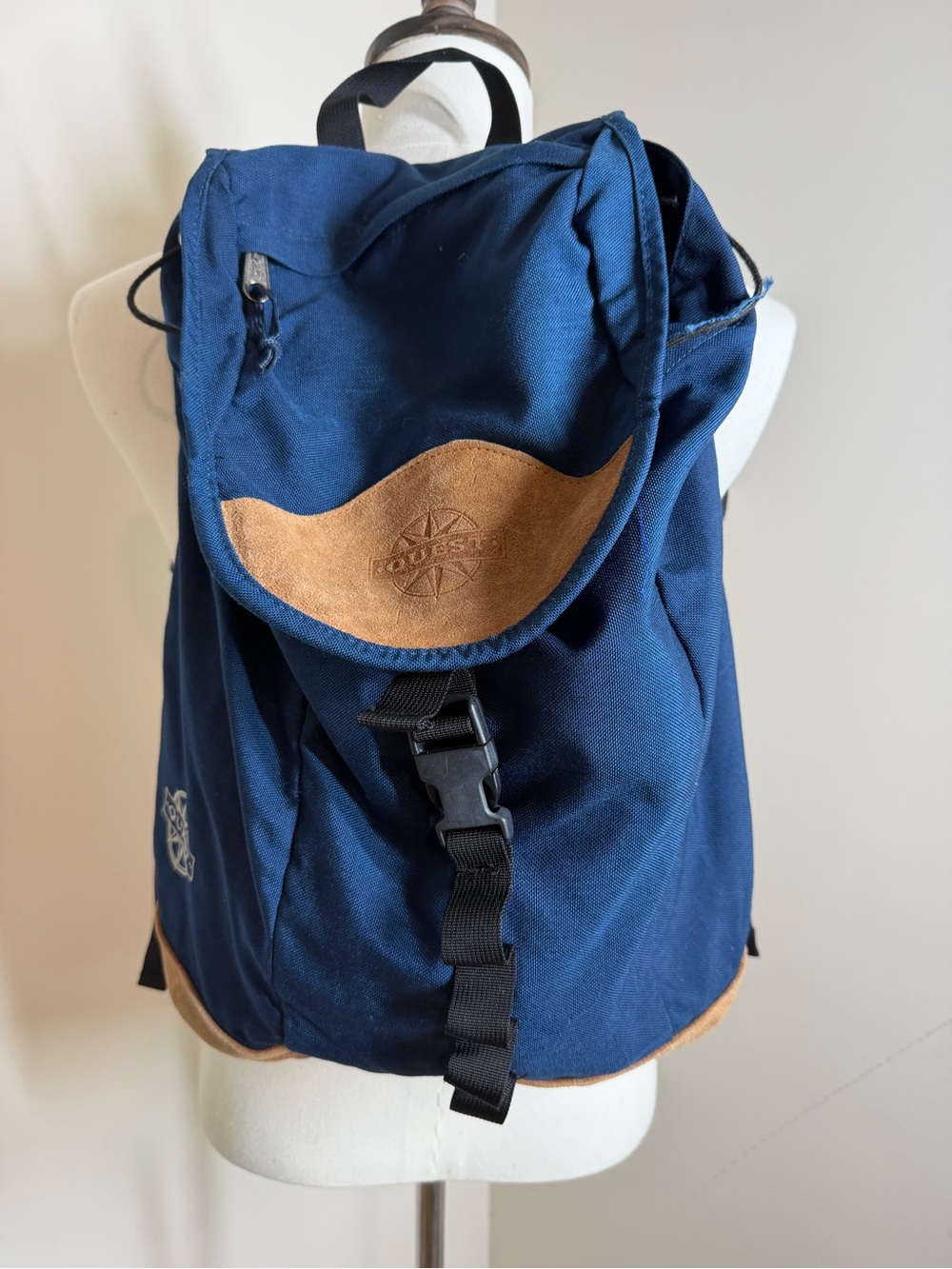 Vintage Quest Men's Navy Canvas Backpack Tan Suede Rucksack Top Load Daysack